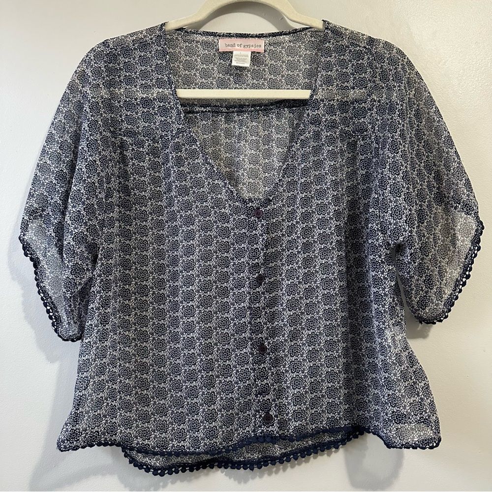 Band of Gypsies Boho Blue Floral Short Sleeve Pom Pom Sheer Button Up Blouse S